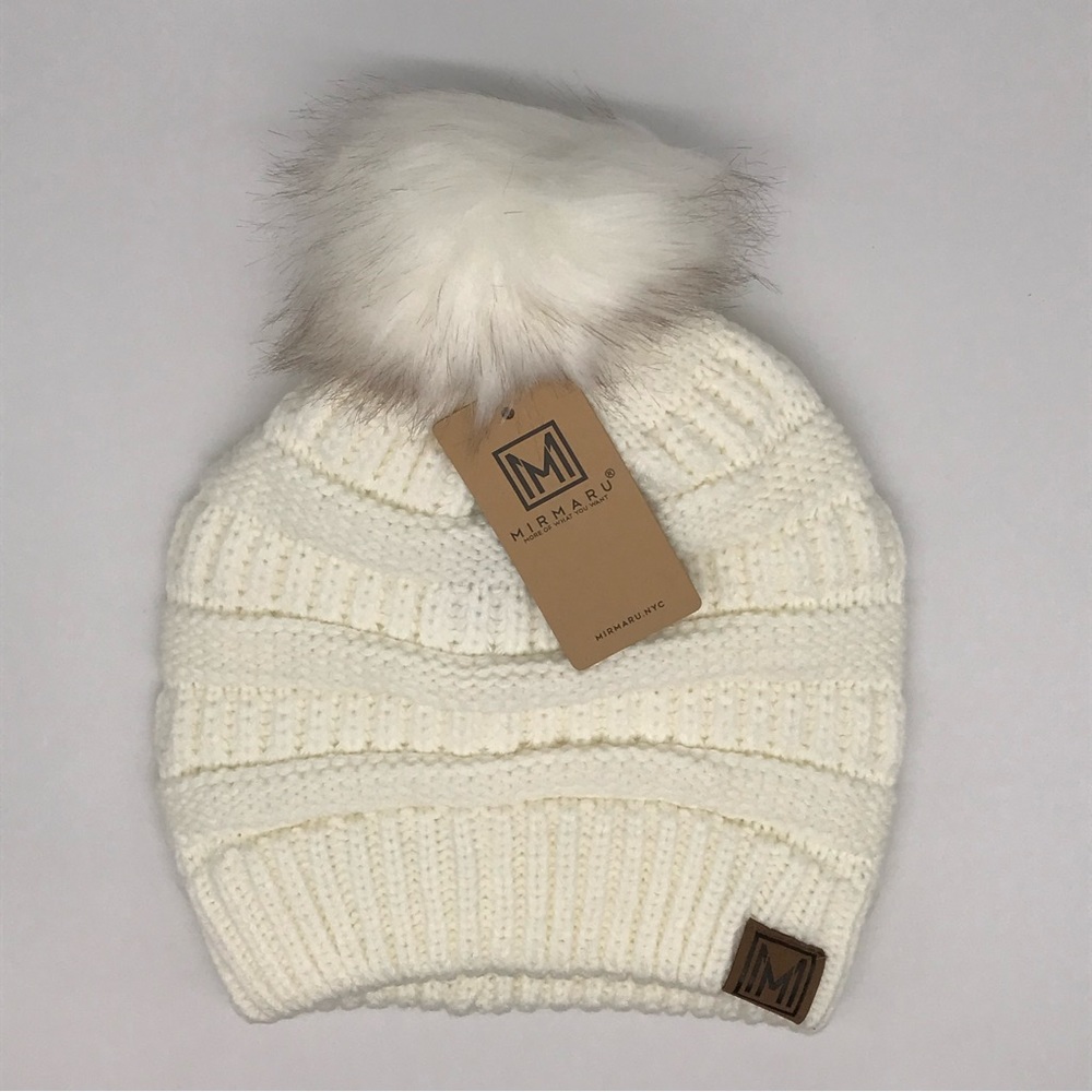 Mirmaru Knit Hat Faux Fur PomPom NWT Ivory / Cream